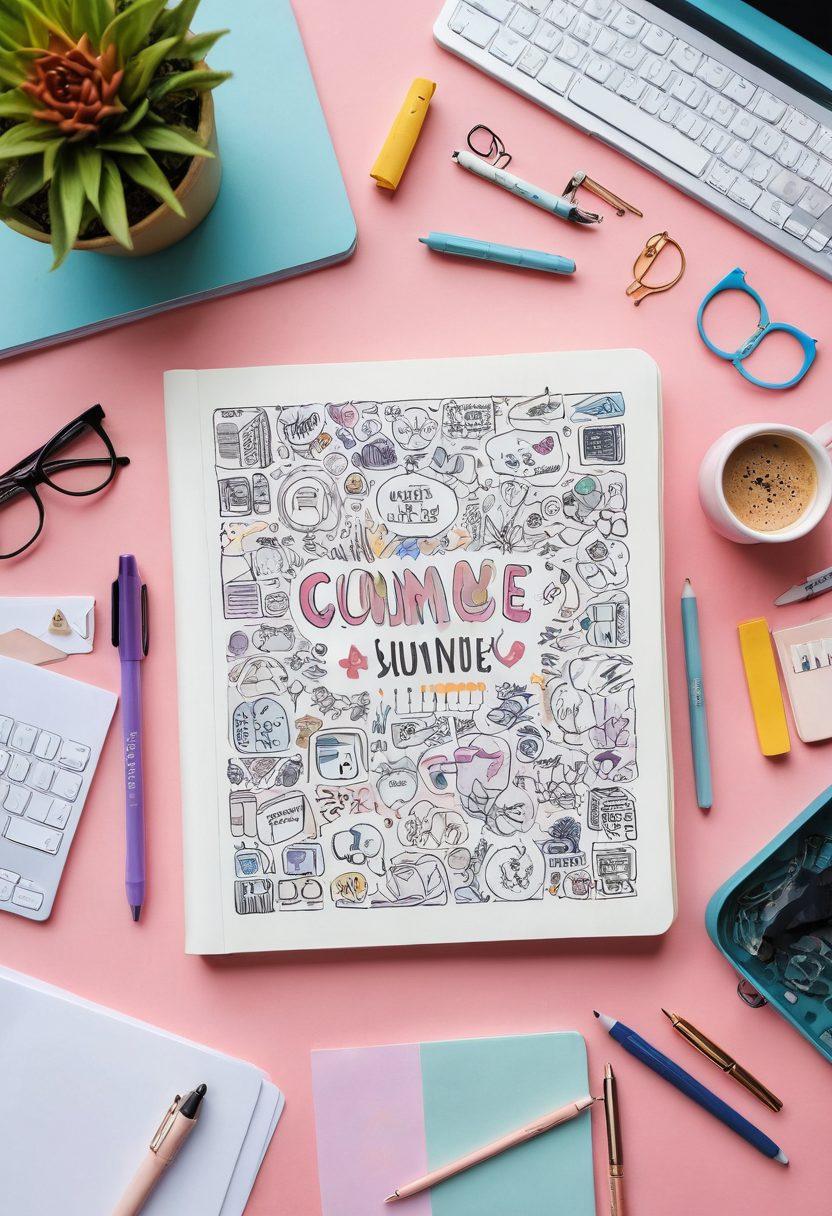 A whimsical journal filled with colorful sketches and playful doodles lies open on a pastel-colored desk, surrounded by trendy stationery items and a computer displaying a cheerful blog layout. Bright, imaginative thought bubbles float above, filled with creative ideas and fun illustrations. The scene is inviting and vibrant, showcasing a network of interconnected ideas like a social media feed. Ideal for a young, creative audience. vibrant colors. super-realistic.