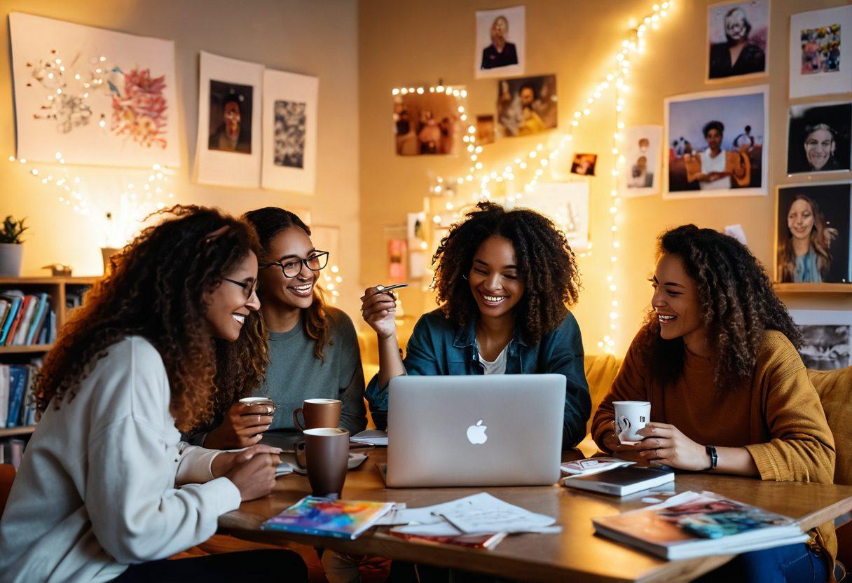 A cozy online workspace with a warm cup of coffee, a laptop glowing with creativity, and notes scattered around. A diverse group of friends laughing and collaborating through video chat, with colorful art supplies and books in the backdrop. Light beams symbolizing connection radiate from the screens, creating a joyful atmosphere. super-realistic. vibrant colors. warm tones.