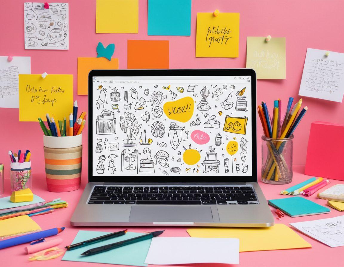 A vibrant and colorful online diary interface showcased on a laptop screen, surrounded by playful doodles and quirky stationery like pens and sticky notes. In the background, a diverse group of people joyfully collaborating and sharing ideas, embodying a fun-loving community spirit. The overall atmosphere is whimsical and inviting, encouraging creativity and expression. playful and fun style. bright colors. modern digital art.